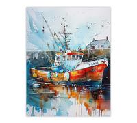 Artery8 Fishing Boat Harbour Watercolour Classic Coastal Wall Art Print | Size: W12" x H16" Artery8 Multicolor W12" x H16"