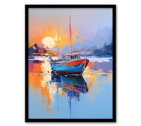 Artery8 Fishing Boat in Tranquil Lake at Sunrise Oil Painting Orange Blue Red Abstract Seascape Artwork Framed Wall Art Print A4