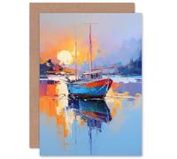 Artery8 Fishing Boat in Tranquil Lake Oil Painting for Husband Him Dad Son Brother Birthday Thank You Congratulations Blank Art Greeting Card