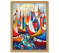 Artery8 Fishing Boats At Sea Folk Art Watercolour Painting Artwork Framed A3 Wall Art Print