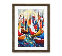 Artery8 Fishing Boats At Sea Folk Art Watercolour Painting Artwork Framed Wall Art Print 18X24 Inch
