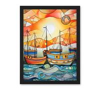 Artery8 Fishing Boats At Sunrise Folk Art Watercolour Painting Artwork Framed Wall Art Print 18X24 Inch