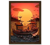 Artery8 Fishing Boats at Sunset Multi-dimensional Kirigami Artwork Framed A3 Wall Art Print
