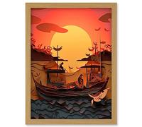 Artery8 Fishing Boats at Sunset Multi-dimensional Kirigami Artwork Framed Wall Art Print A4