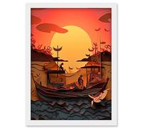 Artery8 Fishing Boats at Sunset Multi-dimensional Kirigami Artwork Framed Wall Art Print A4