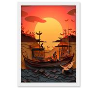 Artery8 Fishing Boats at Sunset Multi-dimensional Kirigami Artwork Framed Wall Art Print A4 in White Artery8 White