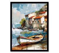 Artery8 Fishing Village Oil Painting Boats Coastal Summer Framed Art Print in Blue | Size: W12" x H16" Artery8 Blue W12" x H16"