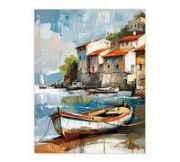 Artery8 Fishing Village Oil Painting Boats Coastal Summer Wall Art Print in Blue | Size: W12" x H16" Artery8 Blue W12" x H16"