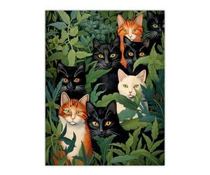 Artery8 Five Black Cats by Julia Davidson Wall Art Print : Quirky Cat Group in Green Botanicals for Living Room or Bedroom Playful Decor Gift for Feline Enthusiasts