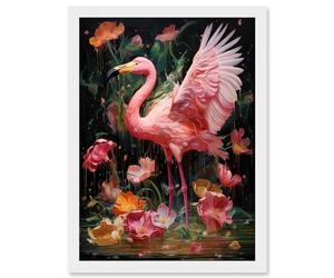 Artery8 Flamboyant Flamingo Feathers Artwork Bird in the Rain Vibrant Pink Orange Green Artwork Framed A3 Wall Art Print