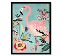Artery8 Flamingo Bird and Exotic Flowers Bright Painting Living Room Artwork Framed Wall Art Print A4