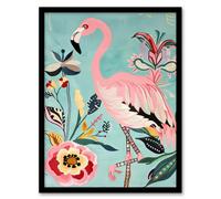 Artery8 Flamingo Bird and Exotic Flowers Bright Painting Living Room Artwork Framed Wall Art Print A4