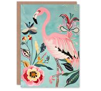Artery8 Greeting Card Flamingo Bird and Exotic Flowers Bright Painting For Her Woman Birthday Card