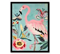 Artery8 Flamingo Bird and Exotic Flowers Bright Painting Living Room Artwork Framed Wall Art Print A4