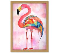 Artery8 Flamingo Bird With Multicolour Patterns Folk Art Watercolour Painting Artwork Framed A3 Wall Art Print