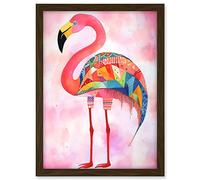 Artery8 Flamingo Bird With Multicolour Patterns Folk Art Watercolour Painting Artwork Framed A3 Wall Art Print
