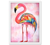 Artery8 Flamingo Bird With Multicolour Patterns Folk Art Watercolour Painting Artwork Framed A3 Wall Art Print