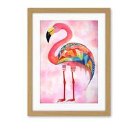 Artery8 Flamingo Bird With Multicolour Patterns Folk Art Watercolour Painting Artwork Framed Wall Art Print 18X24 Inch