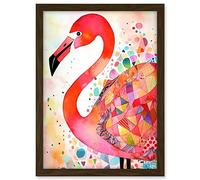 Artery8 Flamingo Bird With Patterns Folk Art Watercolour Painting Artwork Framed A3 Wall Art Print