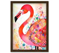 Artery8 Flamingo Bird With Patterns Folk Art Watercolour Painting Artwork Framed Wall Art Print A4 in Brown Artery8 Brown