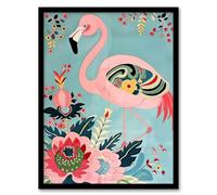 Artery8 Flamingo Exotic Flowers Pattern Vintage Style Living Room Artwork Framed Wall Art Print 18X24 Inch