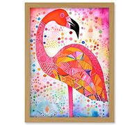Artery8 Flamingo Folk Art Watercolour Painting Artwork Framed A3 Wall Art Print