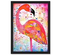 Artery8 Flamingo Folk Art Watercolour Painting Artwork Framed A3 Wall Art Print
