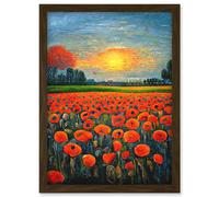 Flanders Field At Sunset Expressionism Oil Paint Poppy Flowers Artwork Framed Wall Art Print A4 Artery8 Brown One Size