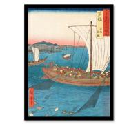 Artery8 Flatfish Netting & Fish Boats Framed Wall Art Print Utagawa Hiroshige in Blue | Size: A4 Artery8 Blue A4