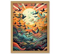Artery8 Flock of Birds Flying at Sunrise Modern Folk Art Artwork Framed A3 Wall Art Print