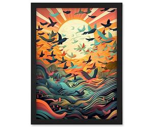 Artery8 Flock of Birds Flying at Sunrise Modern Folk Art Artwork Framed A3 Wall Art Print