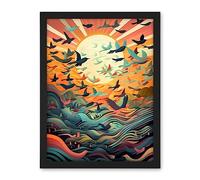 Artery8 Flock of Birds Flying at Sunrise Modern Folk Art Artwork Framed Wall Art Print 18X24 Inch