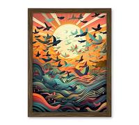 Artery8 Flock of Birds Flying at Sunrise Modern Folk Art Artwork Framed Wall Art Print 18X24 Inch