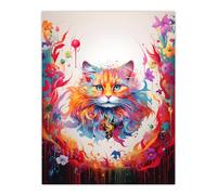 Artery8 Floofster Fluffy Cat Lover Pet Gift Portrait Pink Blue Orange Fantasy Artwork Painting Large Wall Art Poster Print Thick Paper 18X24 Inch