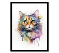 Artery8 Floofster Fluffy Cat Lovers Gift Watercolour Pet Portrait Painting Artwork Artwork Framed Wall Art Print A4