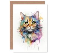 Artery8 Floofster Fluffy Cat Lovers Gift Watercolour Pet Portrait Painting Artwork Sealed Greeting Card Plus Envelope Blank inside
