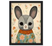 Artery8 Floral Chinchilla Cute Flower Floral Artwork for Kids Bedroom Baby Nursery Artwork Framed Wall Art Print A4