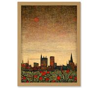 Artery8 Floral City Skyline Poppies William Morris Artwork Framed Wall Art Print A4 in Light Oak Artery8 Light Oak