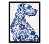 Floral Great Dane Blue Dog Lover Pet Portrait Framed Wall Art Artery8 Blue A4