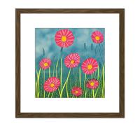 Artery8 Floral Illustration Flat Chrysanthemum Field Flowers Red Yellow Green Square Wooden Framed Wall Art Print Picture 8X8 Inch in Brown Artery8 Brown