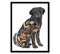 Artery8 Floral Pattern Black Labrador Dog Lover Design Living Room Artwork Framed Wall Art Print A4