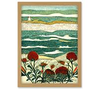 Artery8 Floral Shoreline Coastal Landscape Summer Seaside Artwork Framed Wall Art Print A4 in Light Oak Artery8 Light Oak