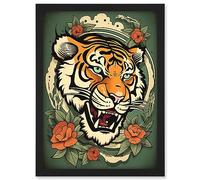 Artery8 Floral Tiger Head Old School USA Tattoo Ink Body Rockabilly Americana 50s Artwork Framed A3 Wall Art Print