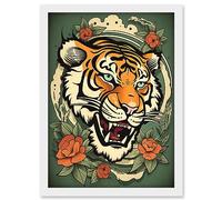 Artery8 Floral Tiger Head Old School USA Tattoo Ink Body Rockabilly Americana 50s Artwork Framed A3 Wall Art Print