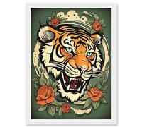 Artery8 Floral Tiger Head Old School USA Tattoo Ink Body Rockabilly Americana 50s Artwork Framed Wall Art Print A4