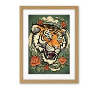 Artery8 Floral Tiger Head Old School USA Tattoo Ink Body Rockabilly Americana 50s Artwork Framed Wall Art Print 18X24 Inch
