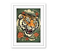 Artery8 Floral Tiger Head Old School USA Tattoo Ink Body Rockabilly Americana 50s Artwork Framed Wall Art Print 18X24 Inch