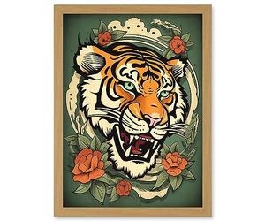 Artery8 Floral Tiger Head Old School USA Tattoo Ink Body Rockabilly Americana 50s Artwork Framed Wall Art Print A4