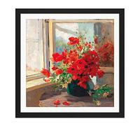 Artery8 Florian Bouquet Poppies Window Flowers Painting Square Wooden Framed Wall Art Print Picture 16X16 Inch