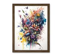 Artery8 Flower Bouquet Illustration over Watercolour Splat Artwork Framed Wall Art Print 18X24 Inch
